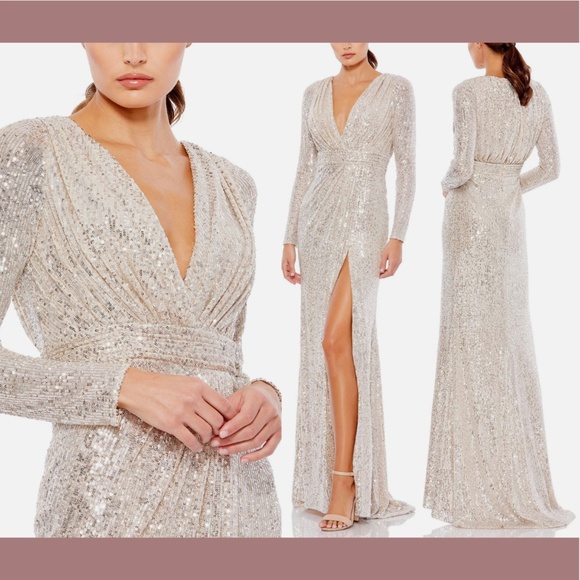 NWT $398 IEENA for Mac‎ Duggal [ 4 ] Sequin Faux Wrap Gown in Silver Nude - Picture 1 of 14